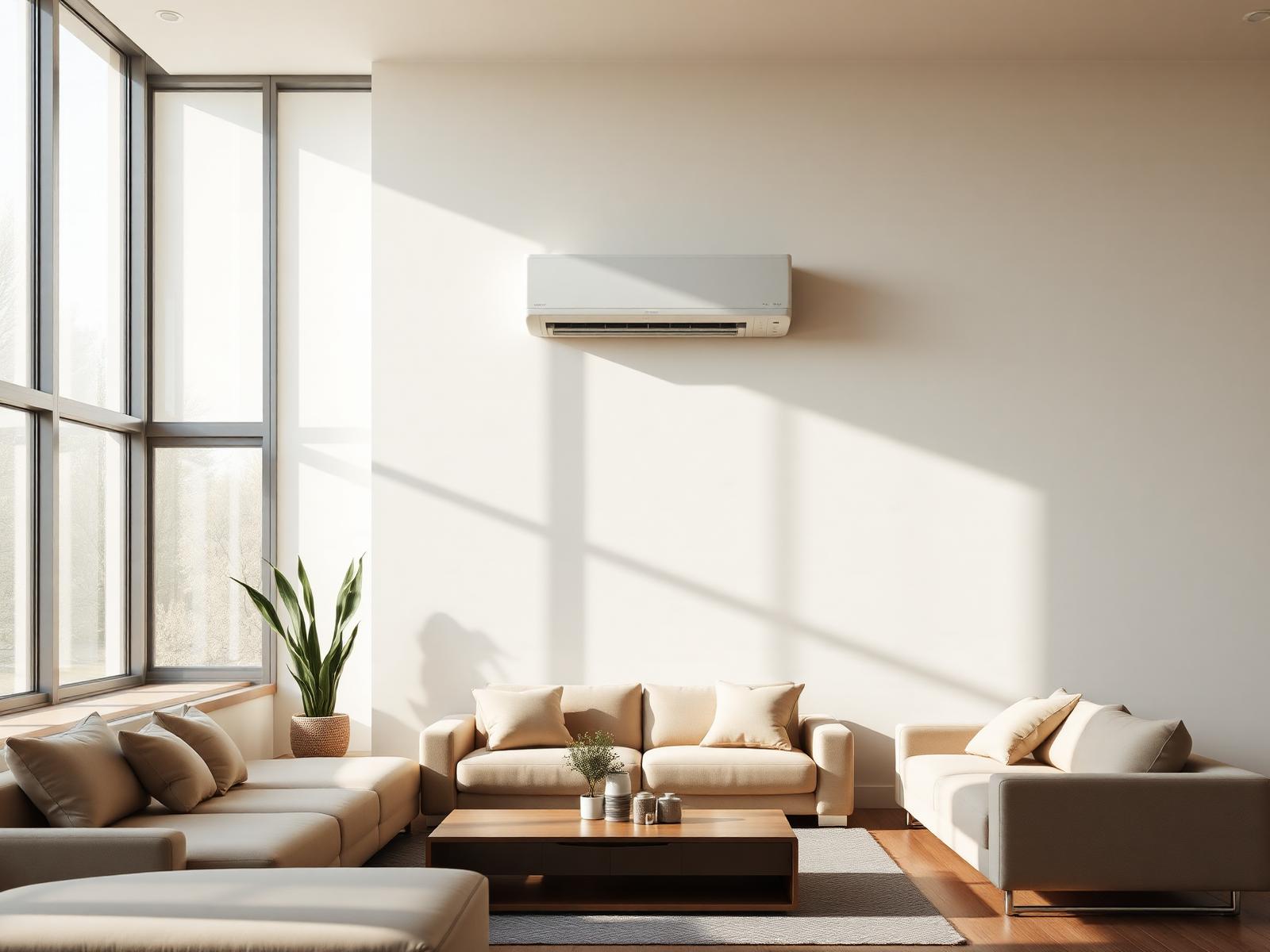 Modern split system air conditioner in a bright, minimalist living room